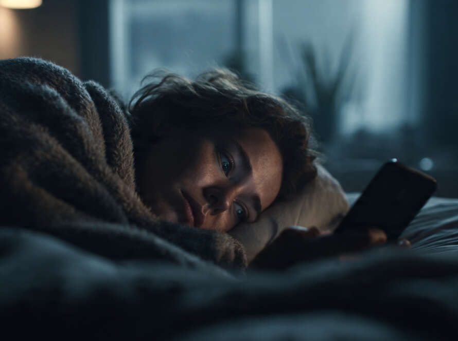 At night a women is watching mobile in the bed